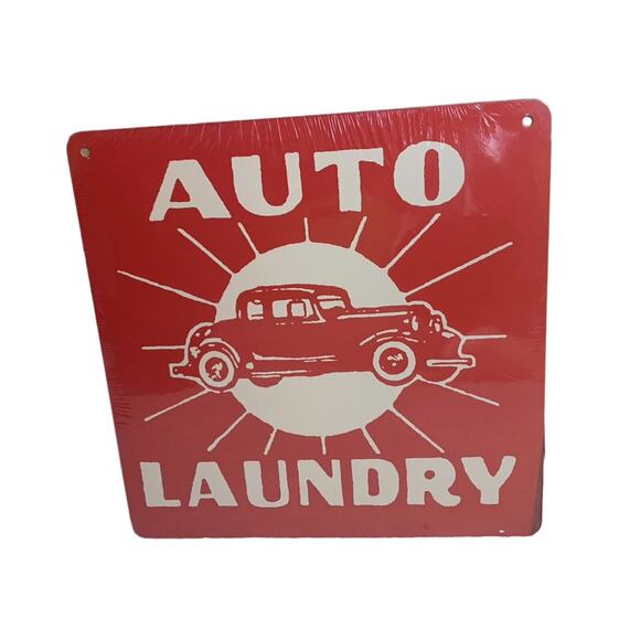 Land of Nod Sign Red Auto Laundry Signs Go By Gus Yellow Set of 2 New Sealed - Picture 3 of 5